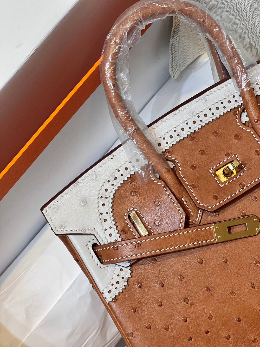 TOP エルメス オーストリッチ バーキン25CM 写真色/金具ゴールド
